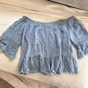 Off the shoulder, light blue, peasant top